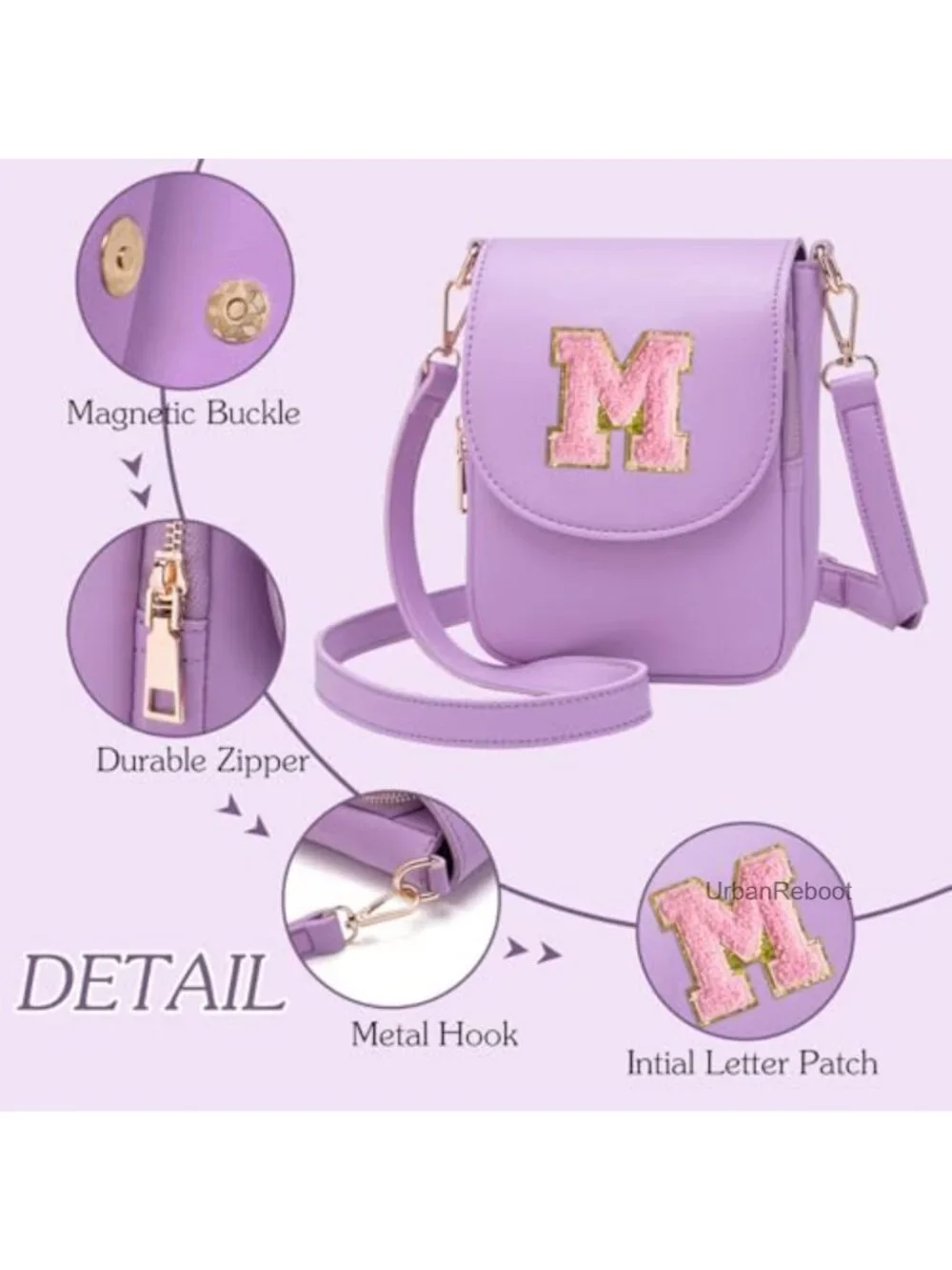 Small PU Leather Crossbody Purse Letter Embroidery Adjustable Strap Phone Bag